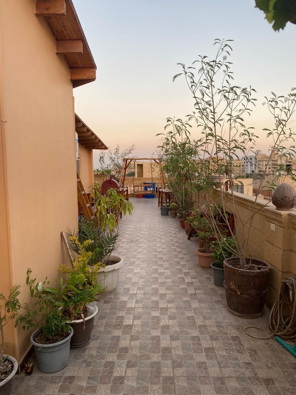 The planted rooftop walkway at dusk
